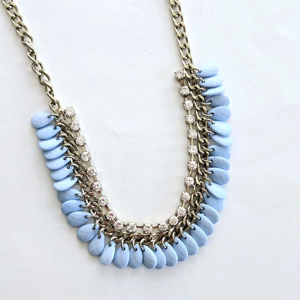 Statement Necklace Blue Beaded Rhinestone Chain Classic Retro Cocktail Party 22